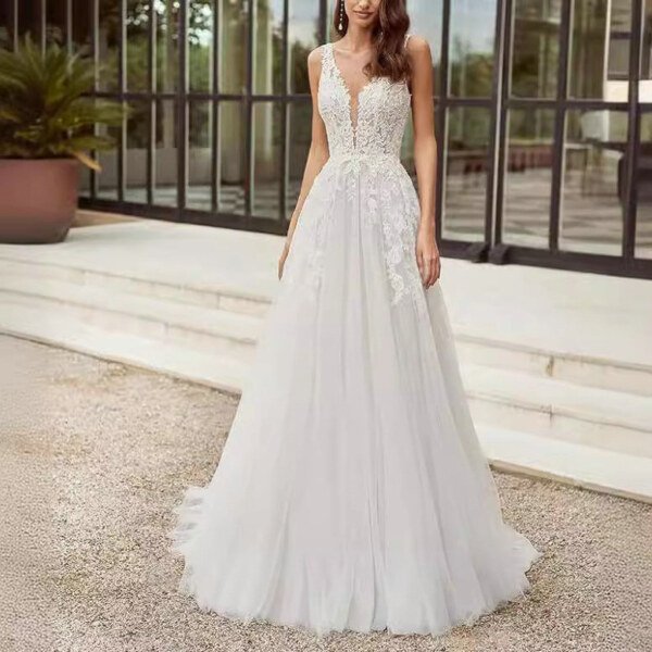 strap v neck wedding dress 1521-002